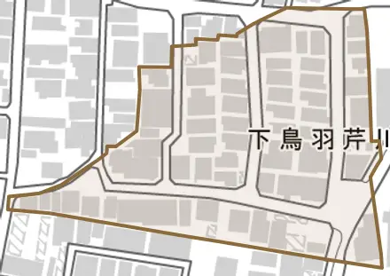 下鳥羽芹川町とその周辺の地図。町の範囲を重ねている