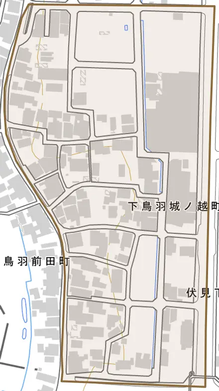 下鳥羽城ノ越町とその周辺の地図。町の範囲を重ねている