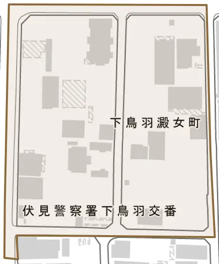 下鳥羽澱女町とその周辺の地図。町の範囲を重ねている