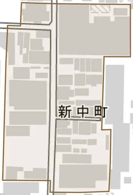 新中町とその周辺の地図。町の範囲を重ねている