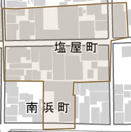 塩屋町とその周辺の地図。町の範囲を重ねている