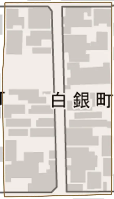 白銀町とその周辺の地図。町の範囲を重ねている