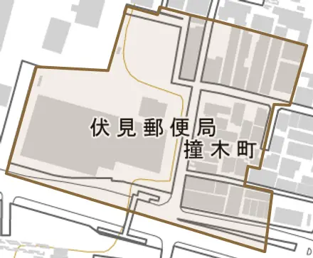 撞木町とその周辺の地図。町の範囲を重ねている
