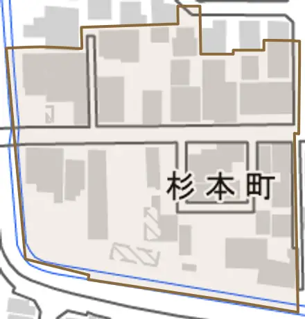 杉本町とその周辺の地図。町の範囲を重ねている