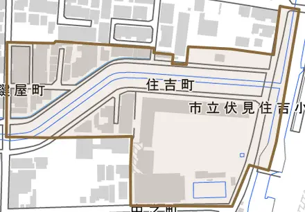 住吉町とその周辺の地図。町の範囲を重ねている