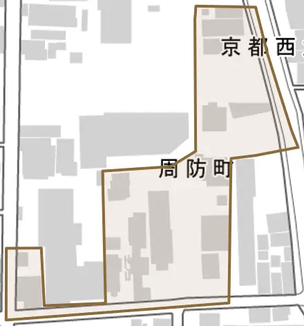 周防町とその周辺の地図。町の範囲を重ねている