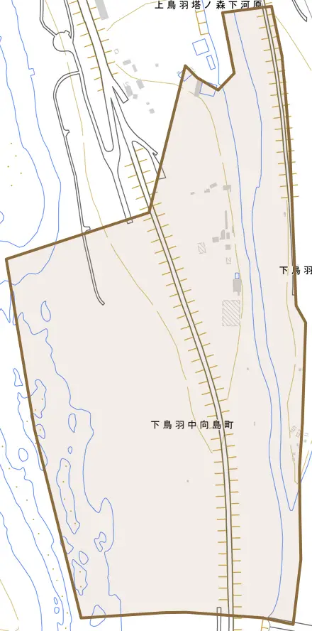 下鳥羽中向島町とその周辺の地図。町の範囲を重ねている