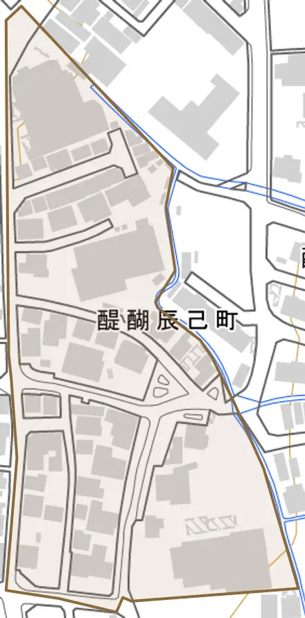 醍醐辰己町とその周辺の地図。町の範囲を重ねている
