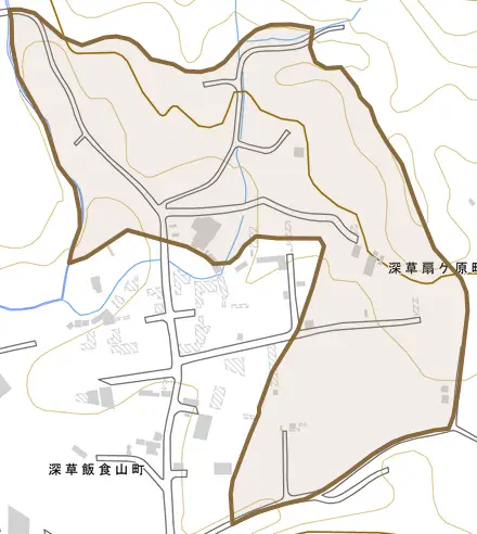 深草扇ケ原町とその周辺の地図。町の範囲を重ねている