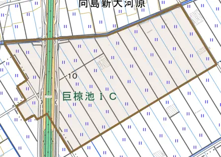向島黒坊とその周辺の地図。町の範囲を重ねている