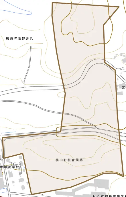桃山町二ノ丸とその周辺の地図。町の範囲を重ねている