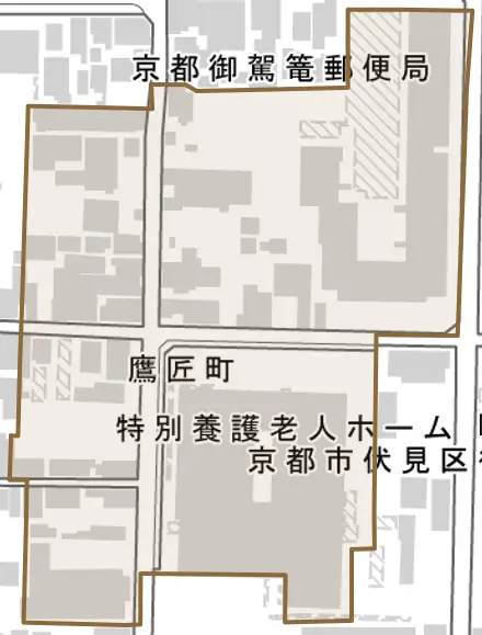 鷹匠町とその周辺の地図。町の範囲を重ねている