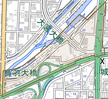 竹田青池町とその周辺の地図。町の範囲を重ねている
