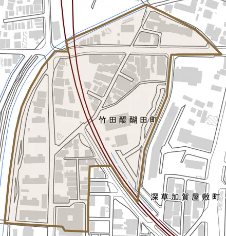 竹田醍醐田町とその周辺の地図。町の範囲を重ねている