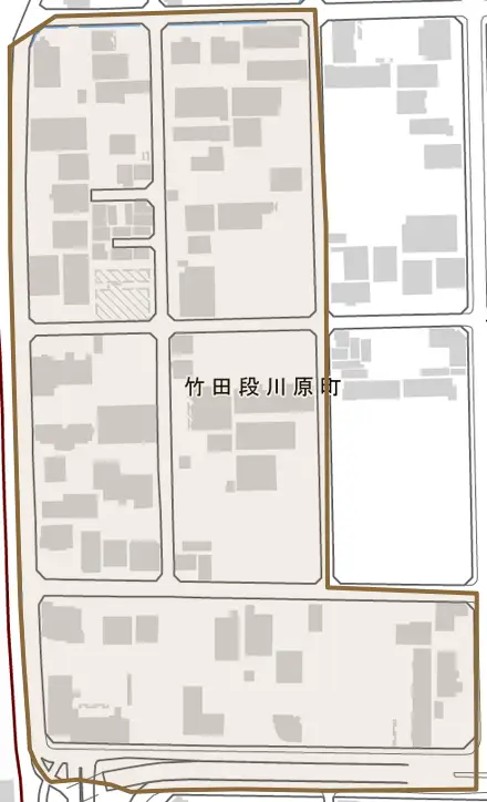竹田段川原町とその周辺の地図。町の範囲を重ねている