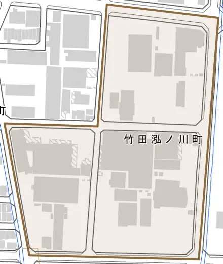 竹田泓ノ川町とその周辺の地図。町の範囲を重ねている