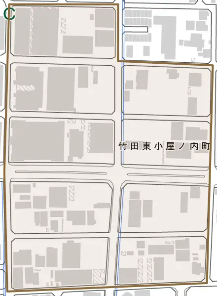 竹田東小屋ノ内町とその周辺の地図。町の範囲を重ねている