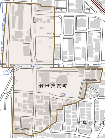 竹田狩賀町とその周辺の地図。町の範囲を重ねている