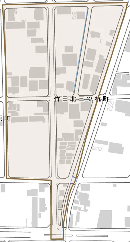 竹田北三ツ杭町とその周辺の地図。町の範囲を重ねている