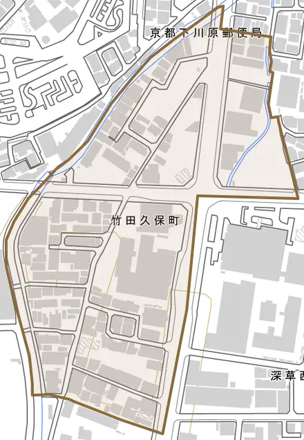 竹田久保町とその周辺の地図。町の範囲を重ねている