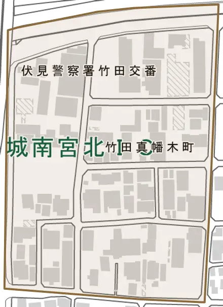 竹田真幡木町とその周辺の地図。町の範囲を重ねている