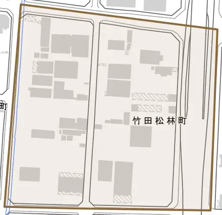 竹田松林町とその周辺の地図。町の範囲を重ねている