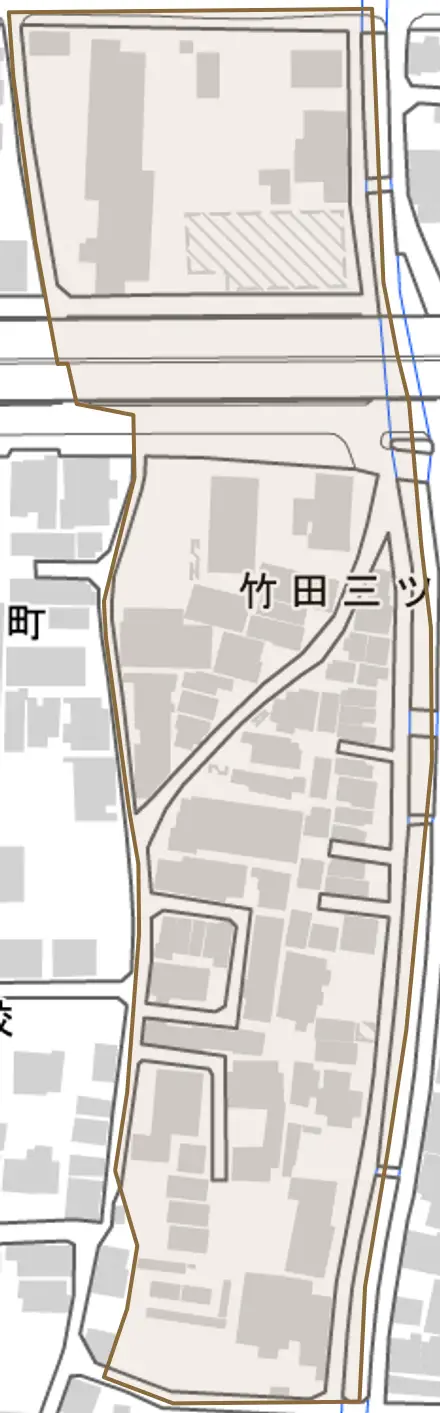 竹田三ツ杭町とその周辺の地図。町の範囲を重ねている