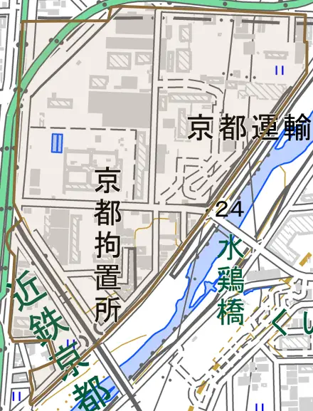 竹田向代町とその周辺の地図。町の範囲を重ねている