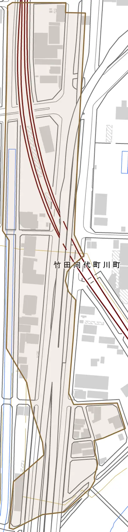 竹田向代町川町とその周辺の地図。町の範囲を重ねている