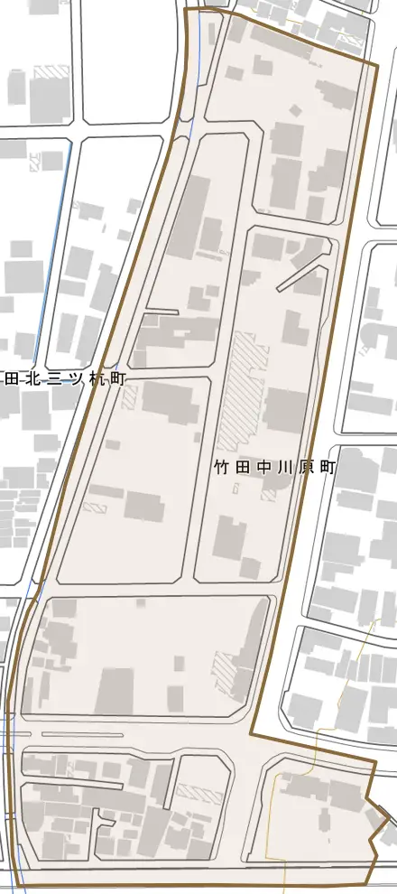 竹田中川原町とその周辺の地図。町の範囲を重ねている