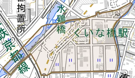 竹田中島町とその周辺の地図。町の範囲を重ねている