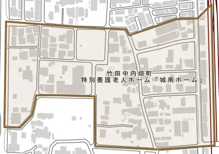 竹田中内畑町とその周辺の地図。町の範囲を重ねている