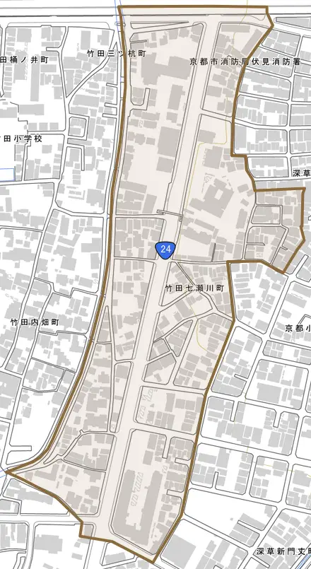 竹田七瀬川町とその周辺の地図。町の範囲を重ねている