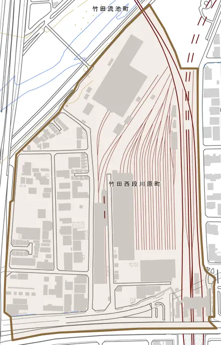 竹田西段川原町とその周辺の地図。町の範囲を重ねている
