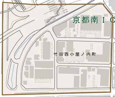 竹田西小屋ノ内町とその周辺の地図。町の範囲を重ねている