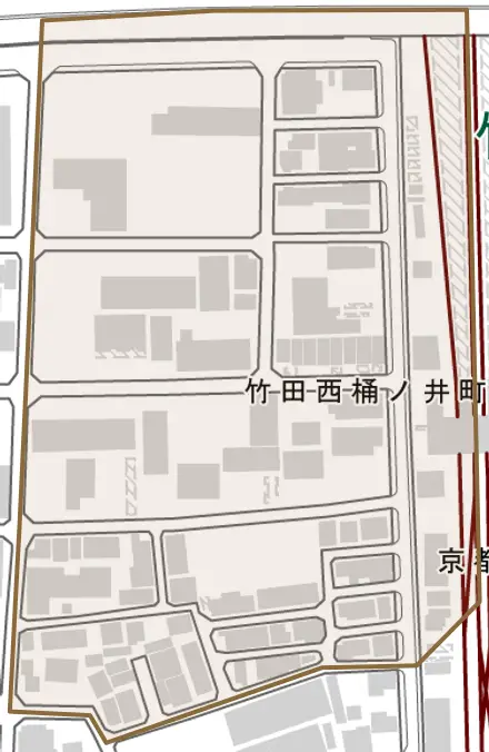 竹田西桶ノ井町とその周辺の地図。町の範囲を重ねている