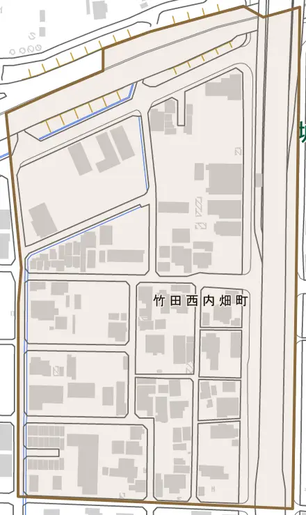 竹田西内畑町とその周辺の地図。町の範囲を重ねている