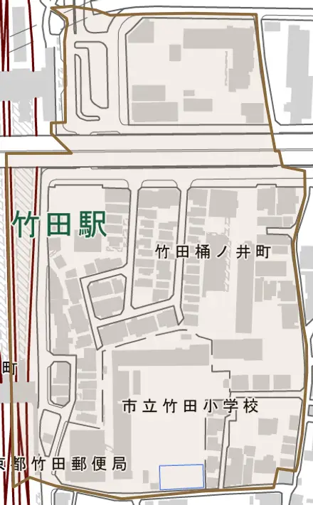 竹田桶ノ井町とその周辺の地図。町の範囲を重ねている