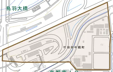 竹田田中殿町とその周辺の地図。町の範囲を重ねている
