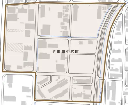 竹田田中宮町とその周辺の地図。町の範囲を重ねている