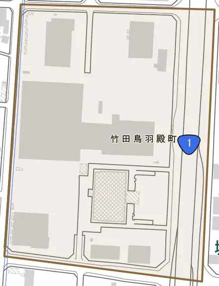 竹田鳥羽殿町とその周辺の地図。町の範囲を重ねている