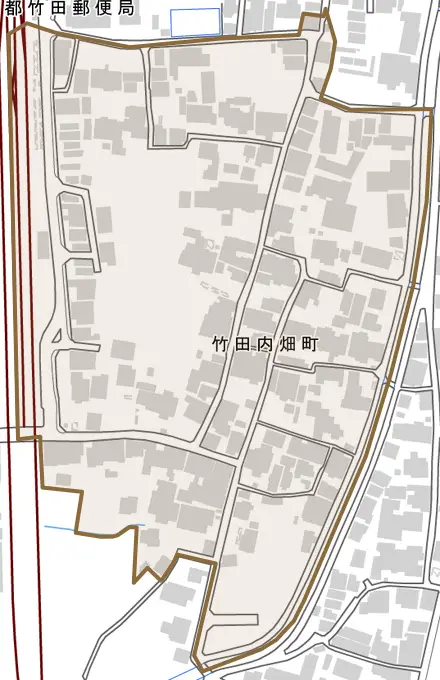 竹田内畑町とその周辺の地図。町の範囲を重ねている