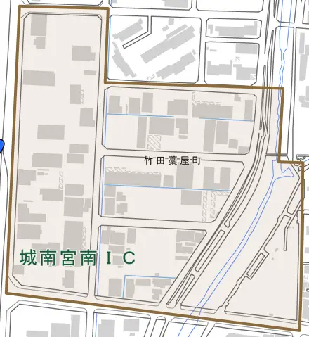 竹田藁屋町とその周辺の地図。町の範囲を重ねている