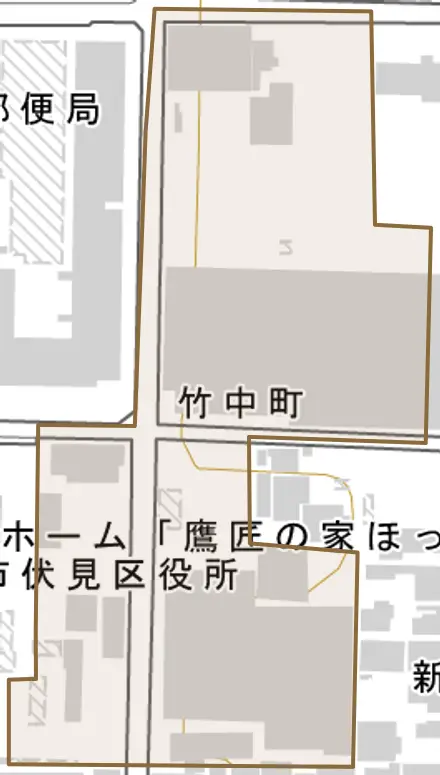 竹中町とその周辺の地図。町の範囲を重ねている
