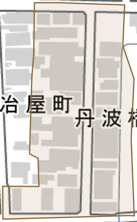 丹波橋町とその周辺の地図。町の範囲を重ねている