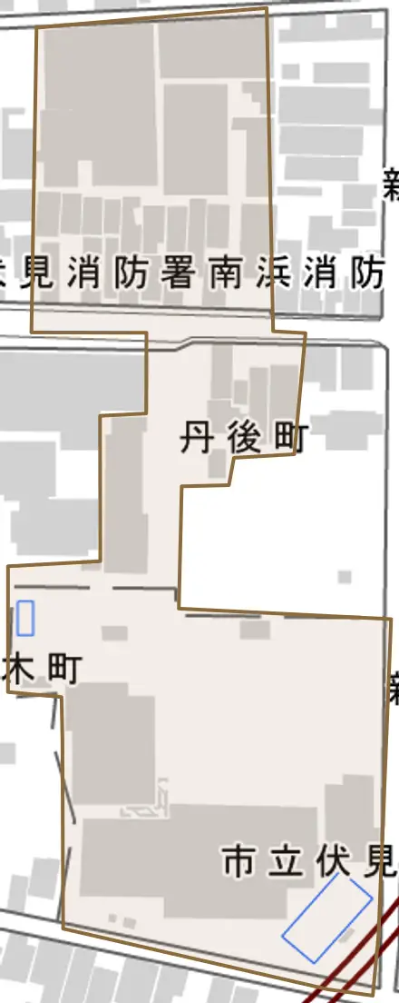 丹後町とその周辺の地図。町の範囲を重ねている