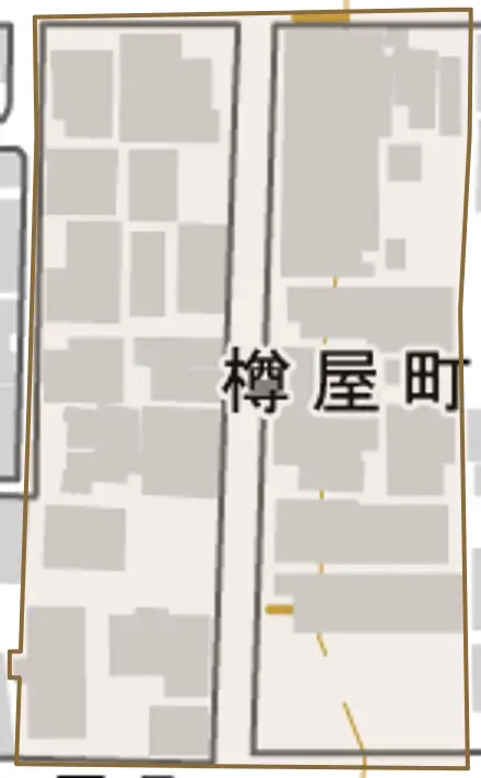 樽屋町とその周辺の地図。町の範囲を重ねている