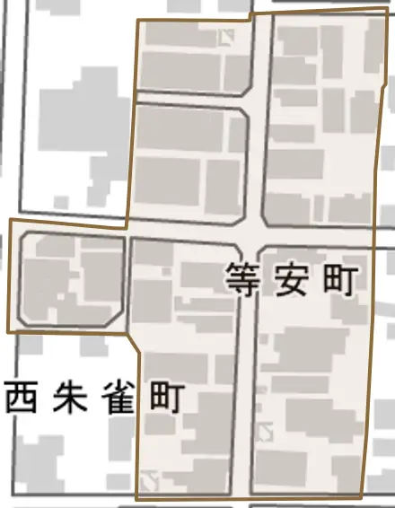 等安町とその周辺の地図。町の範囲を重ねている