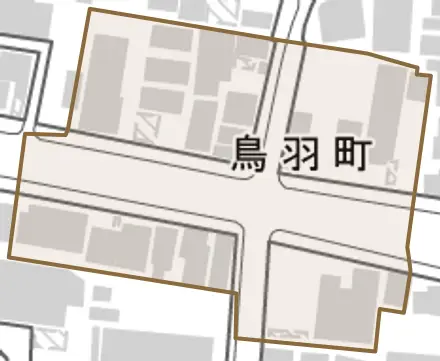 鳥羽町とその周辺の地図。町の範囲を重ねている