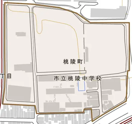桃陵町とその周辺の地図。町の範囲を重ねている